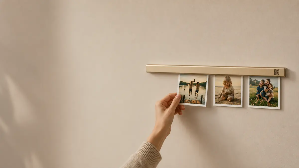 Een hand hangt een print aan de metalen UsClose Bar