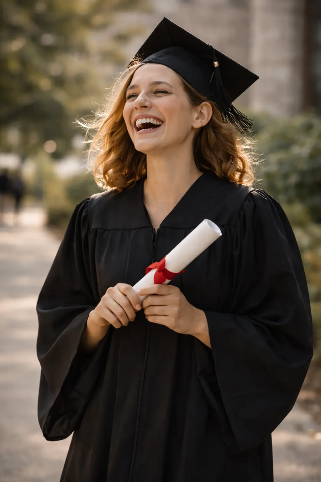 Een jonge vrouw lacht op haar diploma-uitreiking